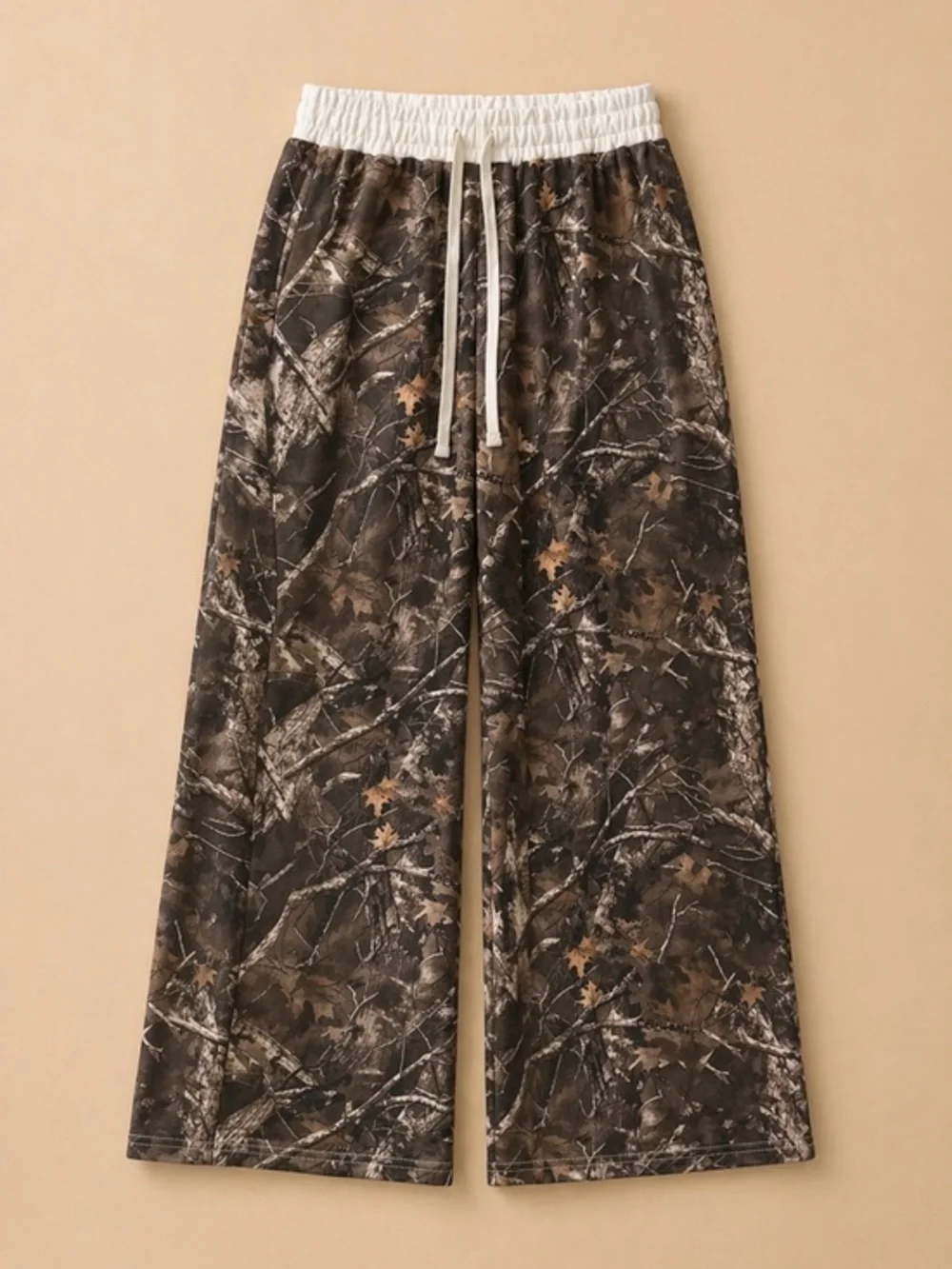 Relaxed Drawstring Women’s Pants in Brown Camouflage Print